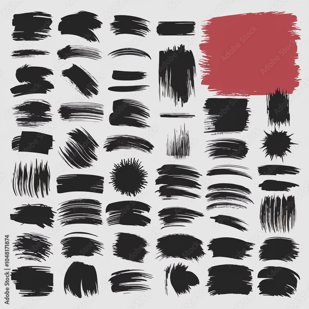 Poster assorted black brush strokes and a red square arranged on a light gray background in a grid pattern