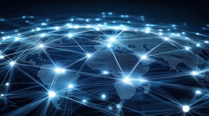 Obraz premium A glowing network of lines and dots connects the continents of the world, symbolizing global connectivity.
