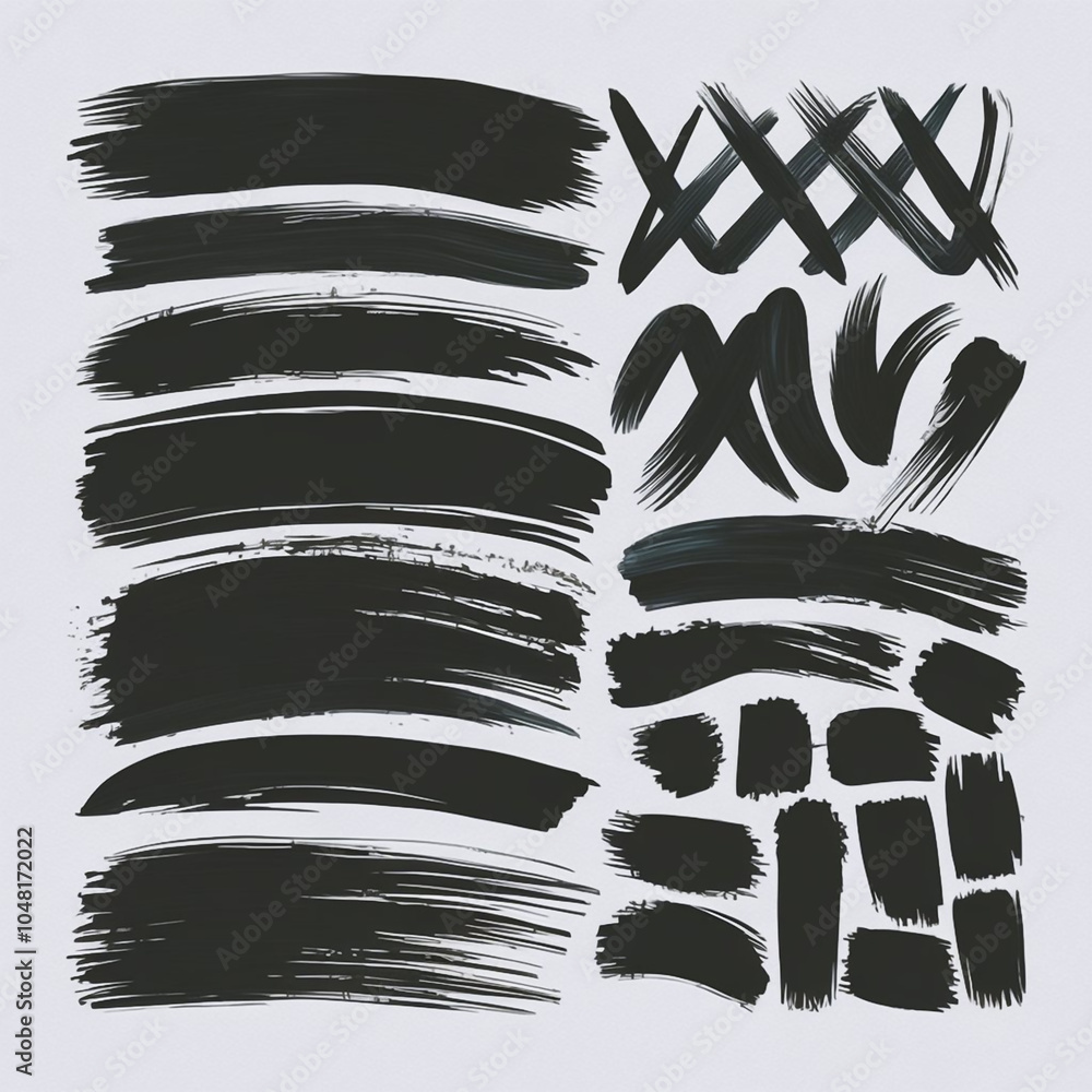Poster black ink brush strokes and shapes in various forms on a white background artistic expression style