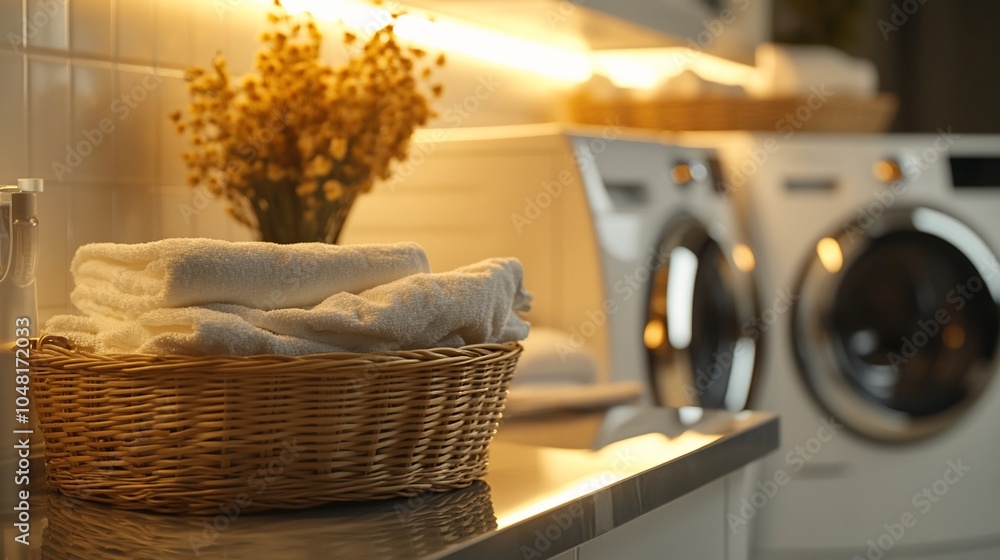Poster a wicker basket filled with folded white towels sits on a countertop in front of a washing machine i