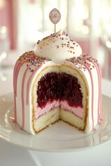 Delicious layered cake with pink frosting and a cherry filling, decorated with colorful sprinkles.