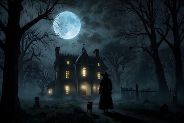 Fototapeta premium Mysterious Figure in Front of Spooky Mansion