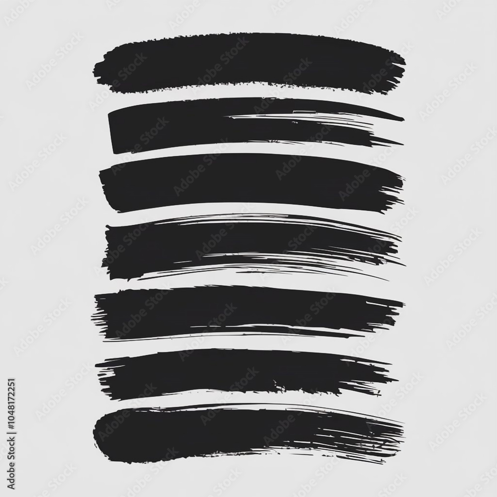 Poster a collection of eight black brush strokes arranged vertically on a light gray background creating a 