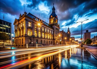 Obraz premium Captivating Low Light Photography of Municipal Buildings with Cars at Night for Urban Landscapes