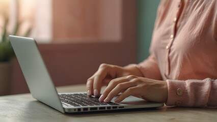 Fototapeta premium Person Typing on Laptop at Wooden Table