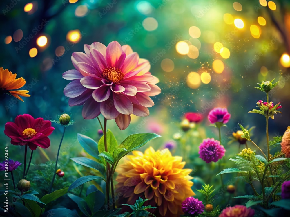 Poster captivating nature scene with bokeh effect of glowing flora and soft focus background for enchanting