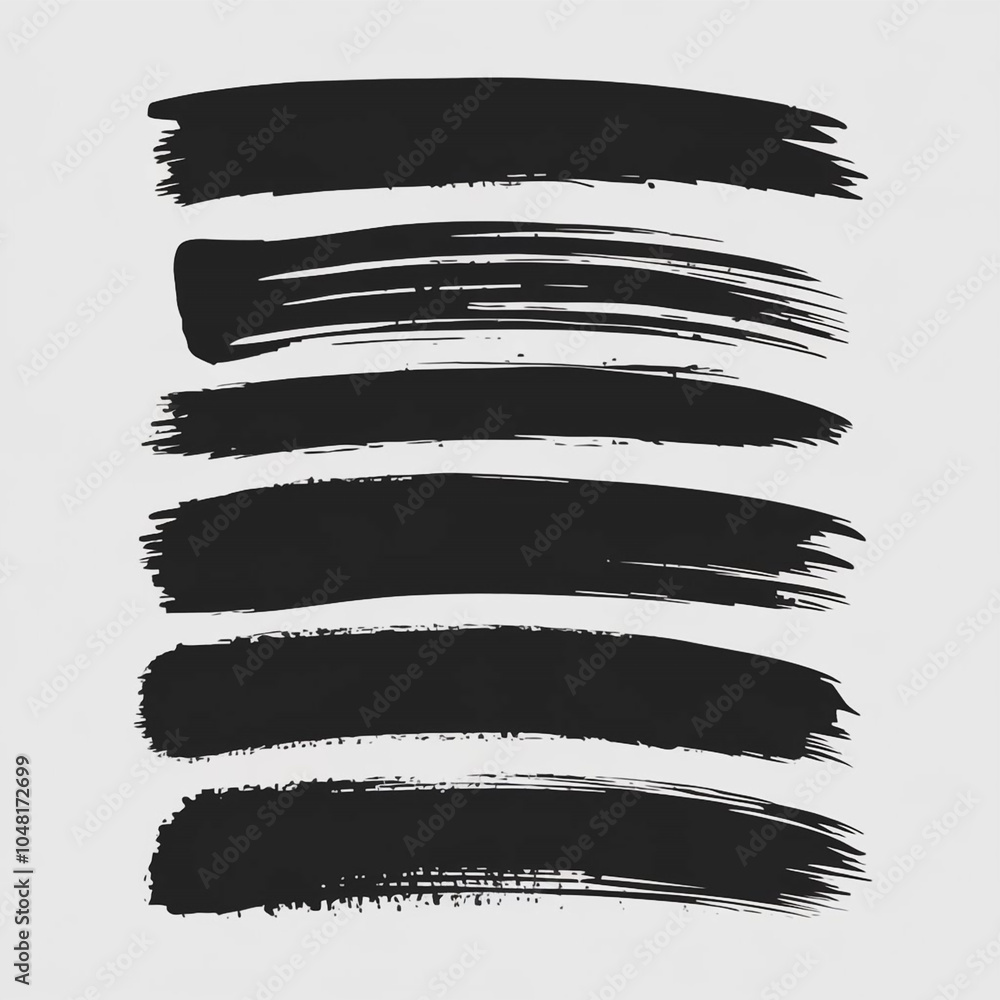 Poster a collection of six black brush strokes arranged vertically on a light gray background showcasing te