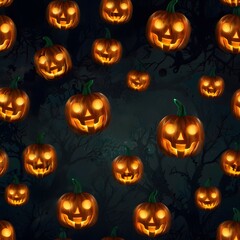 Floating Glowing Jack-o'-Lanterns on Spooky Background