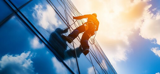 A window washer climbs a skyscraper, secured by a rope and harness, against a backdrop of a bright blue sky and puffy white clouds.