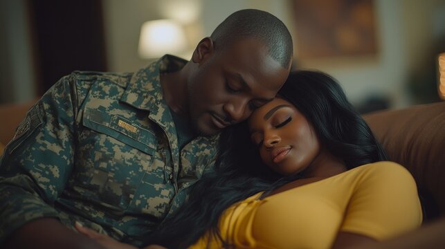 A loving couple, a soldier in his camouflage uniform, rests his head on his partner's shoulder, both with their eyes closed.