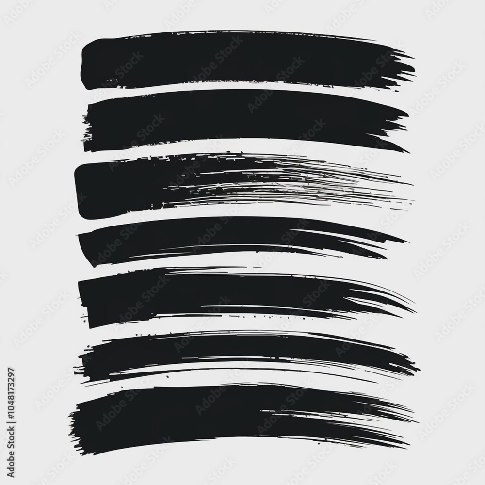 Poster seven black brush strokes arranged horizontally on a white background creating an abstract compositi