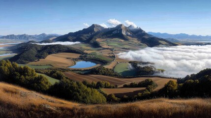 Mountain Lake with Fog and Fields