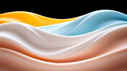 Fototapeta premium Soft waves of fabric in yellow, blue, and white draped elegantly against a dark background, creating a fluid and serene display