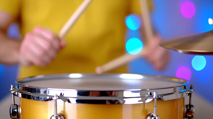 Fototapeta premium A drummer performs energetically on a snare drum surrounded by colorful lights during a lively music session in a studio