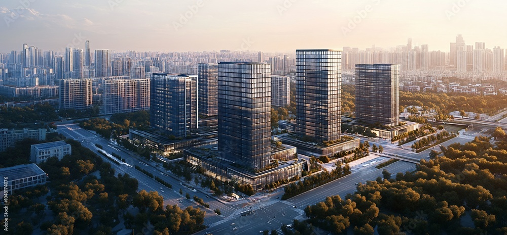 Poster aerial view of a modern city with skyscrapers and surrounding trees.