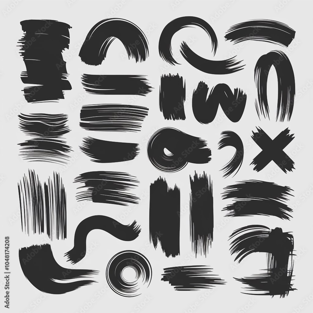 Poster collection of black brush strokes and shapes on a white background creating abstract patterns and de