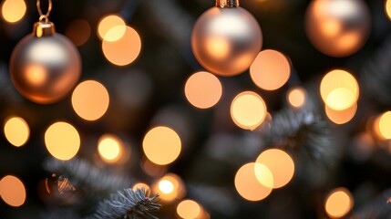 Obraz premium Golden Christmas ornaments with soft bokeh lights on a beautifully decorated tree.