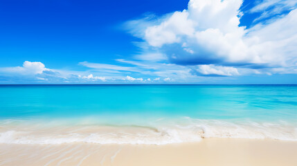 Clean turquoise sea with sand on beach under blue sky little white cloud on summer vacation holiday