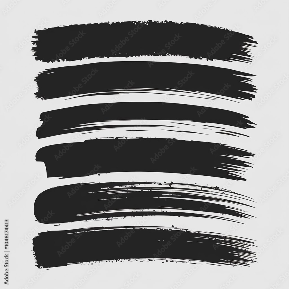 Poster a collection of six black brush strokes arranged vertically on a light gray background creating an a