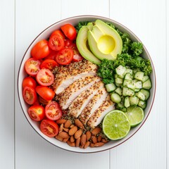 Healthy bowl with chicken, avocado, tomatoes, cucumber, almonds, and lime, on white background.
