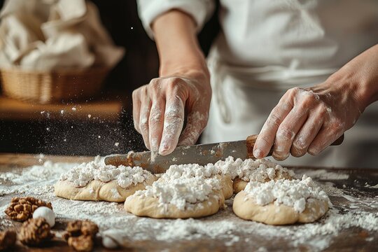 Hands preparing dough with flour, a culinary masterpiece in the making.