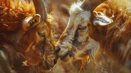 Obraz premium Two Goats Close-Up, Touching Noses, Sunlight, Golden Fur