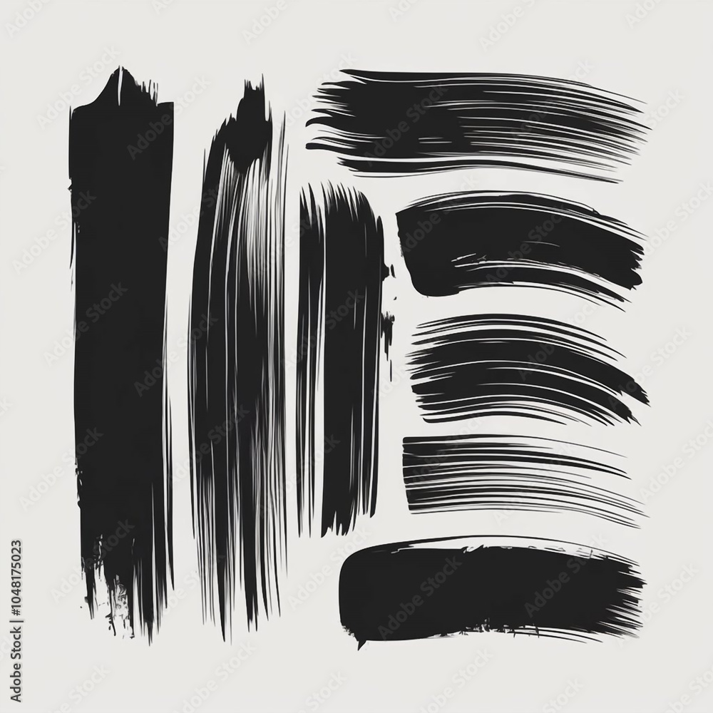 Poster a collection of black brush strokes in various sizes and orientations on a white background creating