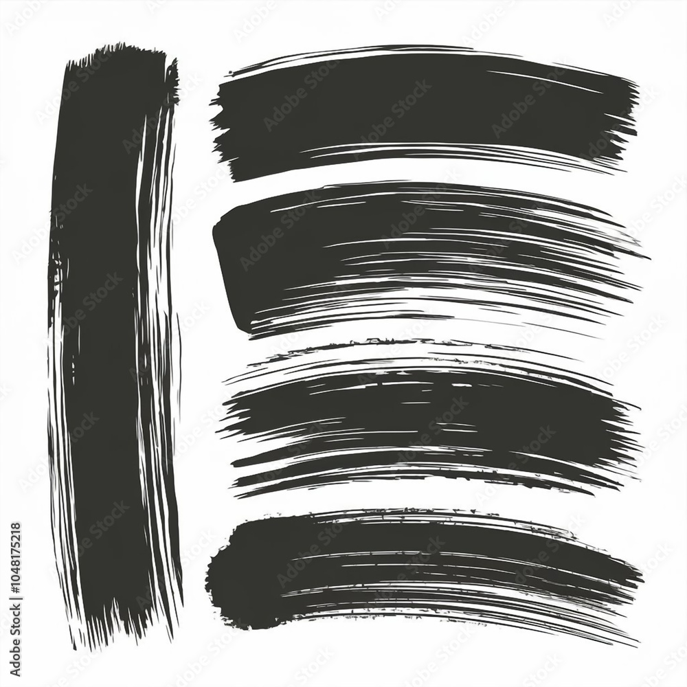 Poster a collection of black brush strokes in varying sizes and orientations on a white background surface 