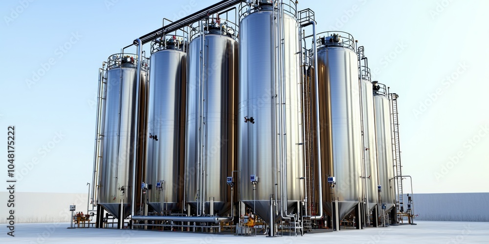 Wall mural modern stainless steel storage tanks in an industrial setting, showcasing advanced manufacturing tec