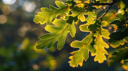 Obraz premium Sunlit Oak Leaves with a Bokeh Background