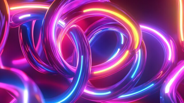 Neon rings intertwined in an abstract scene glowing in vivid colors