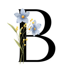 Floral alphabet, letter B with watercolor flowers and leaf. Monogram initials perfectly for wedding invitations, greeting card, logo, poster and other design. Hand painting.