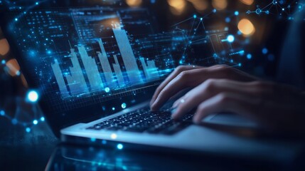 A person's hands are typing on a laptop keyboard with a glowing blue data graph and network of connections projecting from the screen.