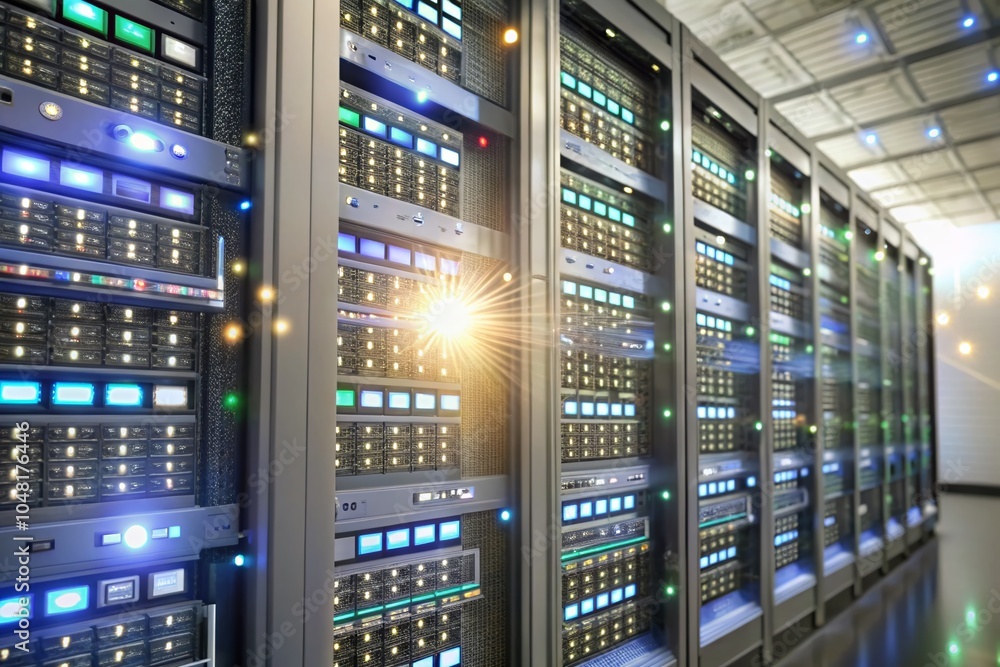 Poster close-up architectural photography of data network servers with flickering lights in computer racks