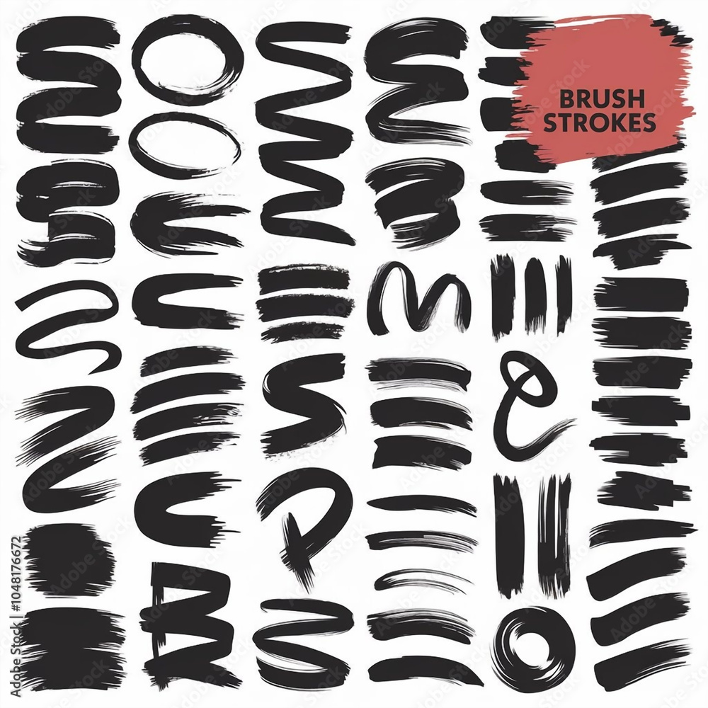 Poster collection of various black brush stroke designs and patterns on a white background with red accent 