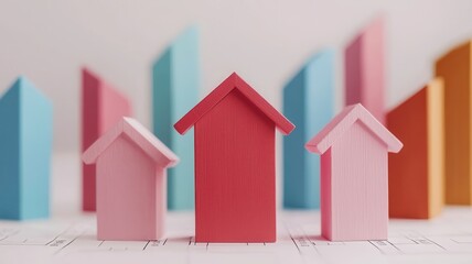 A colorful arrangement of wooden house-shaped blocks symbolizes home, community, and real estate concepts, emphasizing vibrant design and playful architecture.