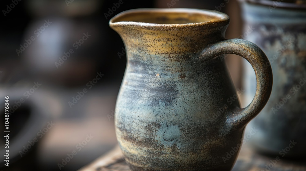 Poster Close-up of a Rustic Blue and Brown Pottery Pitcher with a Handle