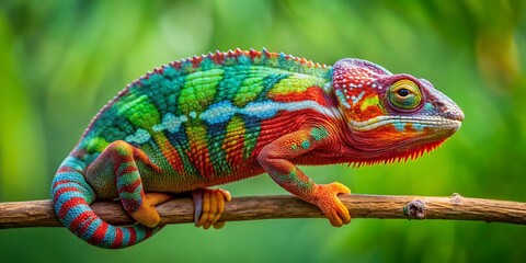 Naklejka premium Close-up of a Colorful Panther Chameleon with Detailed Skin Texture in Nature