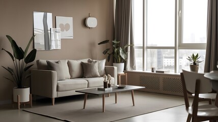 Fototapeta premium a cozy living room with a mid-century modern aesthetic.