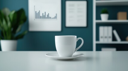 Obraz premium A simple white cup sits on a table in a modern office space, surrounded by greenery and organized shelves, evoking a calm, productive atmosphere.