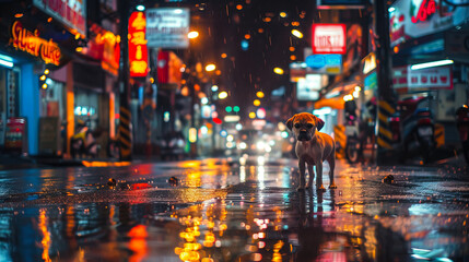 Stray dog on road and reflection colorful night light after rain drop with store signs and billboard lights and bokeh of lights
