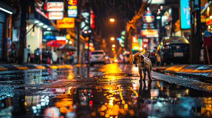 Fototapeta premium Stray dog on road and reflection colorful night light after rain with store signs and billboard lights and bokeh of lights