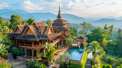 Fototapeta premium Stunning traditional villa with a pool, surrounded by lush greenery and mountains. Perfect for luxury retreats and vacations.