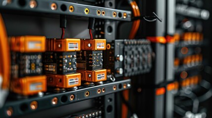 Naklejka premium Close-up of an Electrical System with Orange and Black Components