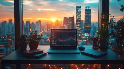 A laptop with a stock market chart open sits on a desk in front of a large window with a view of a city skyline at sunset.