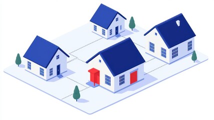 A colorful illustration of four houses connected by pathways in a residential layout, featuring distinct blue roofs and a standout red door.