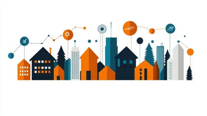 Obraz premium A stylized city skyline illustration featuring various homes and skyscrapers, connected by abstract digital elements and icons, conveying themes of technology and urban living.