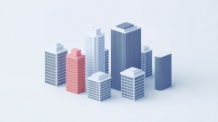 Obraz premium A minimalist cityscape featuring various stylized buildings in pastel colors against a light background.