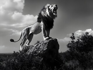 Obraz premium Majestic Lion Roaring Atop a Towering Rock in the Serene Savannah Landscape