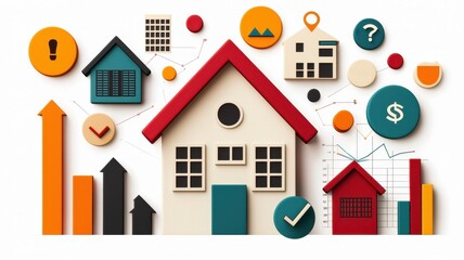 Fototapeta premium A colorful illustration of houses and icons representing real estate, finance, and analytics, showcasing elements like charts and symbols related to property.
